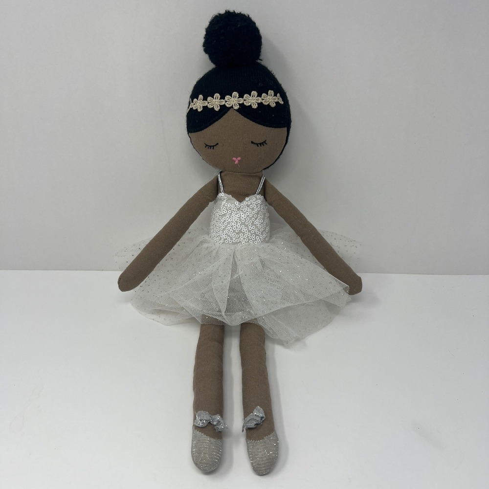 Hobby Lobby Ballerina Plush Doll Black Hair White Sequin Tutu 17 Inch Rag Toy